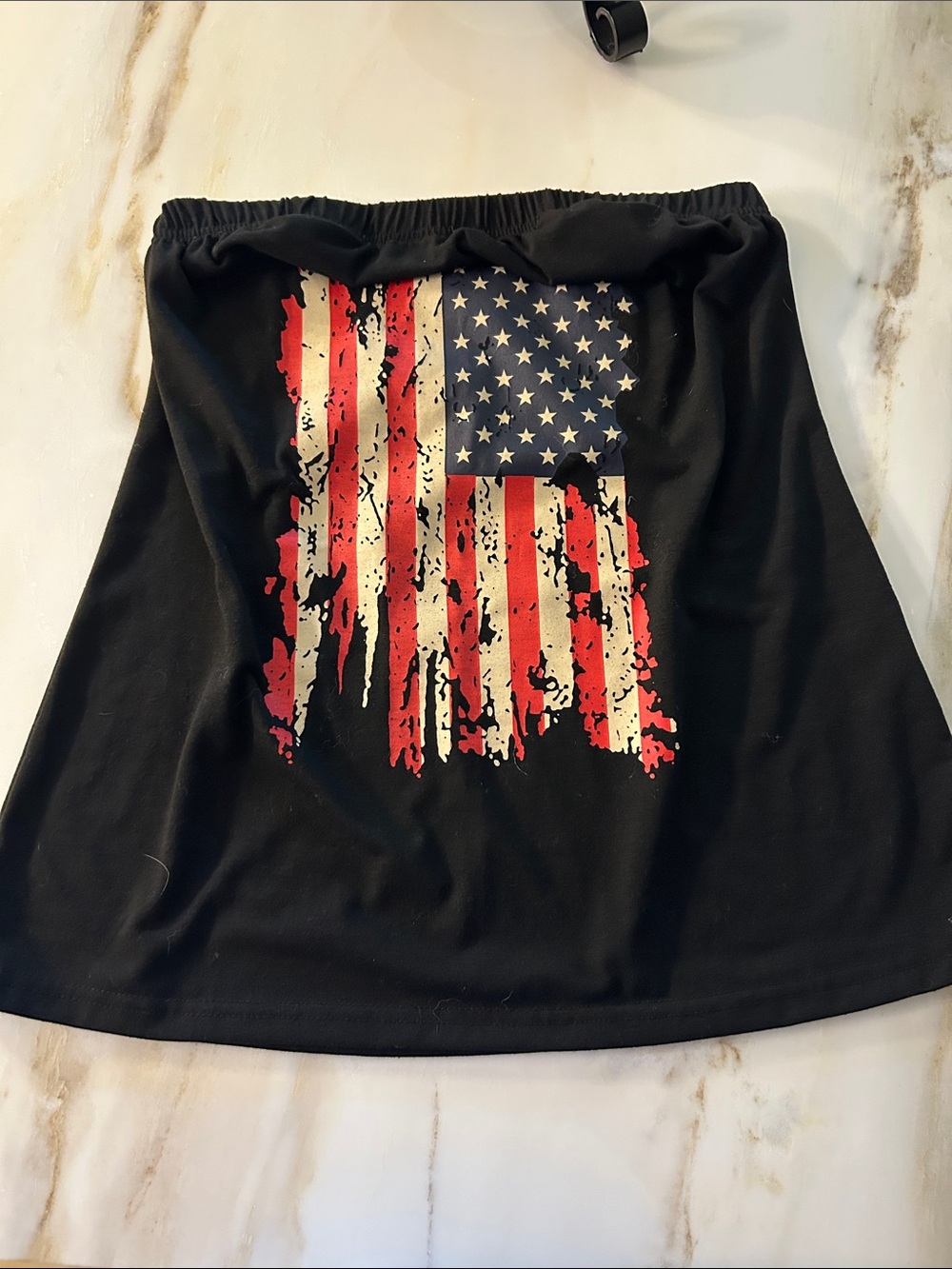 Black Short Sleeve Tube Top with Distressed American Flag Graphic